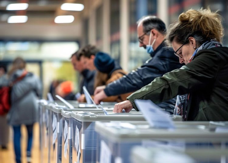 A line of voters put their ballot cards into ballot boxes