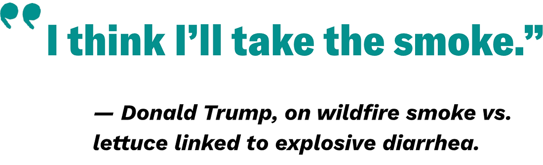 An image reading: “I think I’ll take the smoke.” -Donald Trump, on wildfire smoke vs toxic lettuce linked to explosive diarrhea