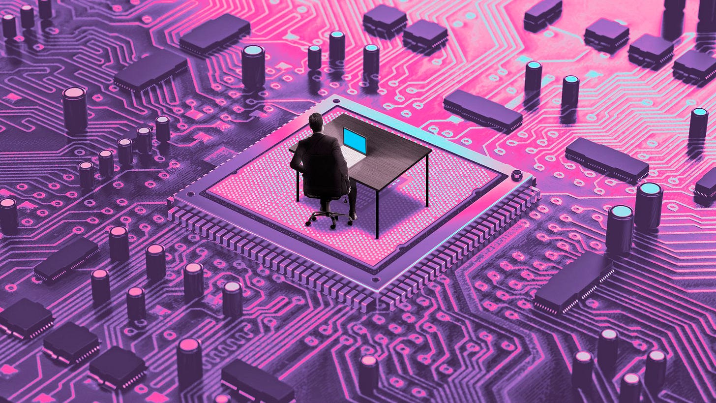 Illustration of a CEO at a desk in the middle of a computer circuit board Illustration of a CEO at a desk in the middle of a computer circuit board