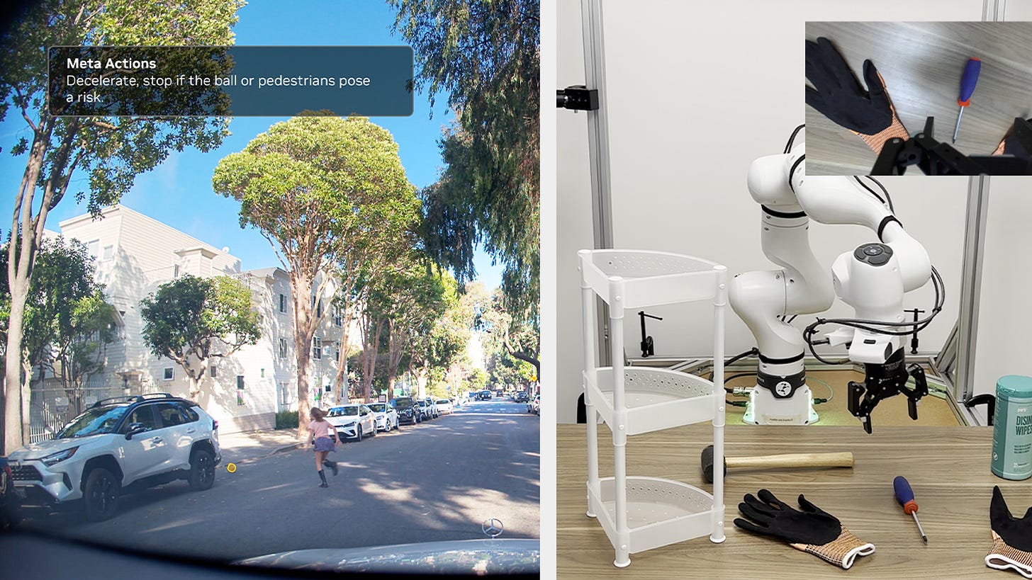 Two images from Nvidia's Cosmos 3 video, one of an autonomous car and a pedestrian and the other of a robot