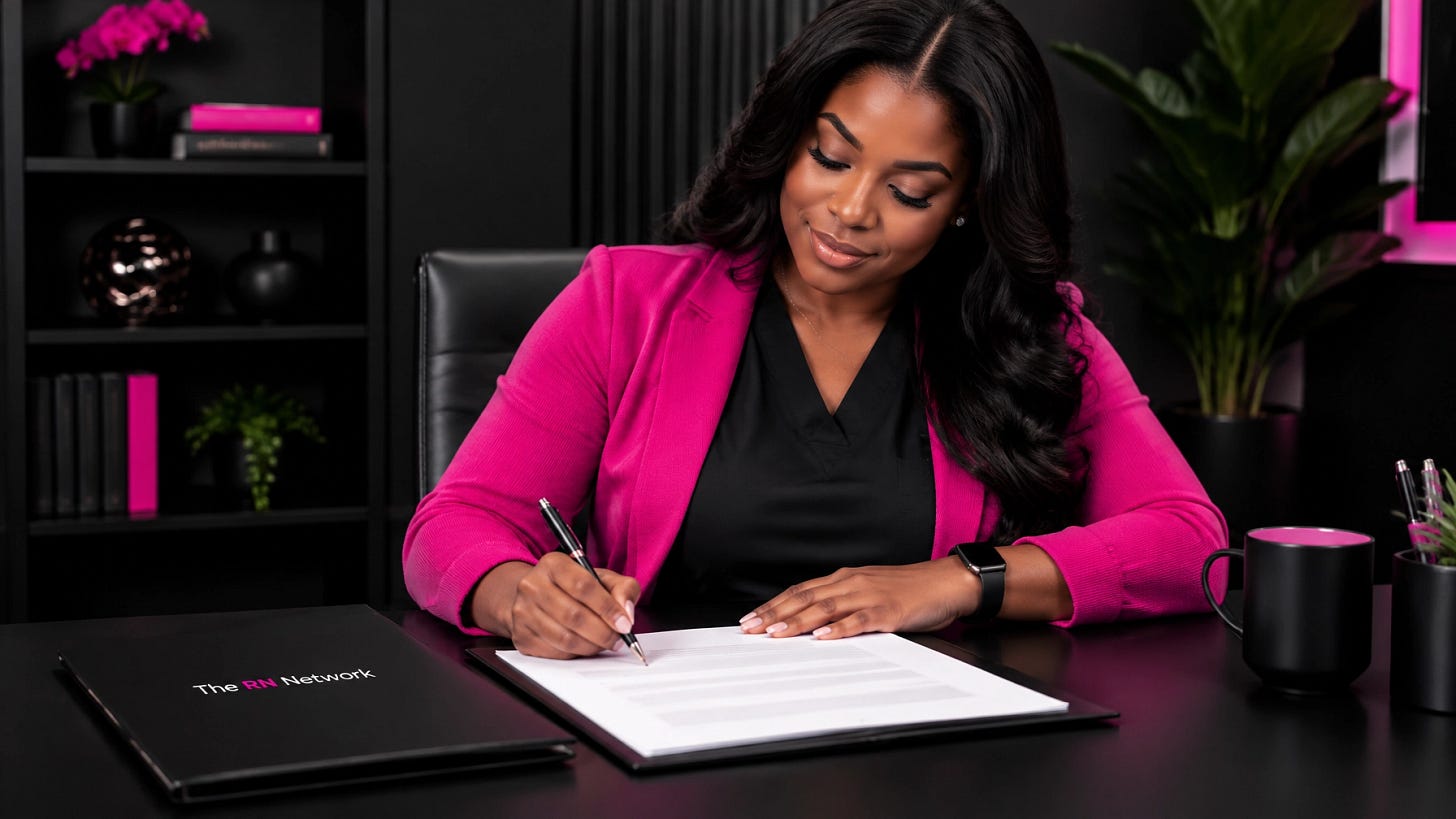 A nurse entrepreneur in black scrubs reviews a consulting agreement, with The RN Network logo
