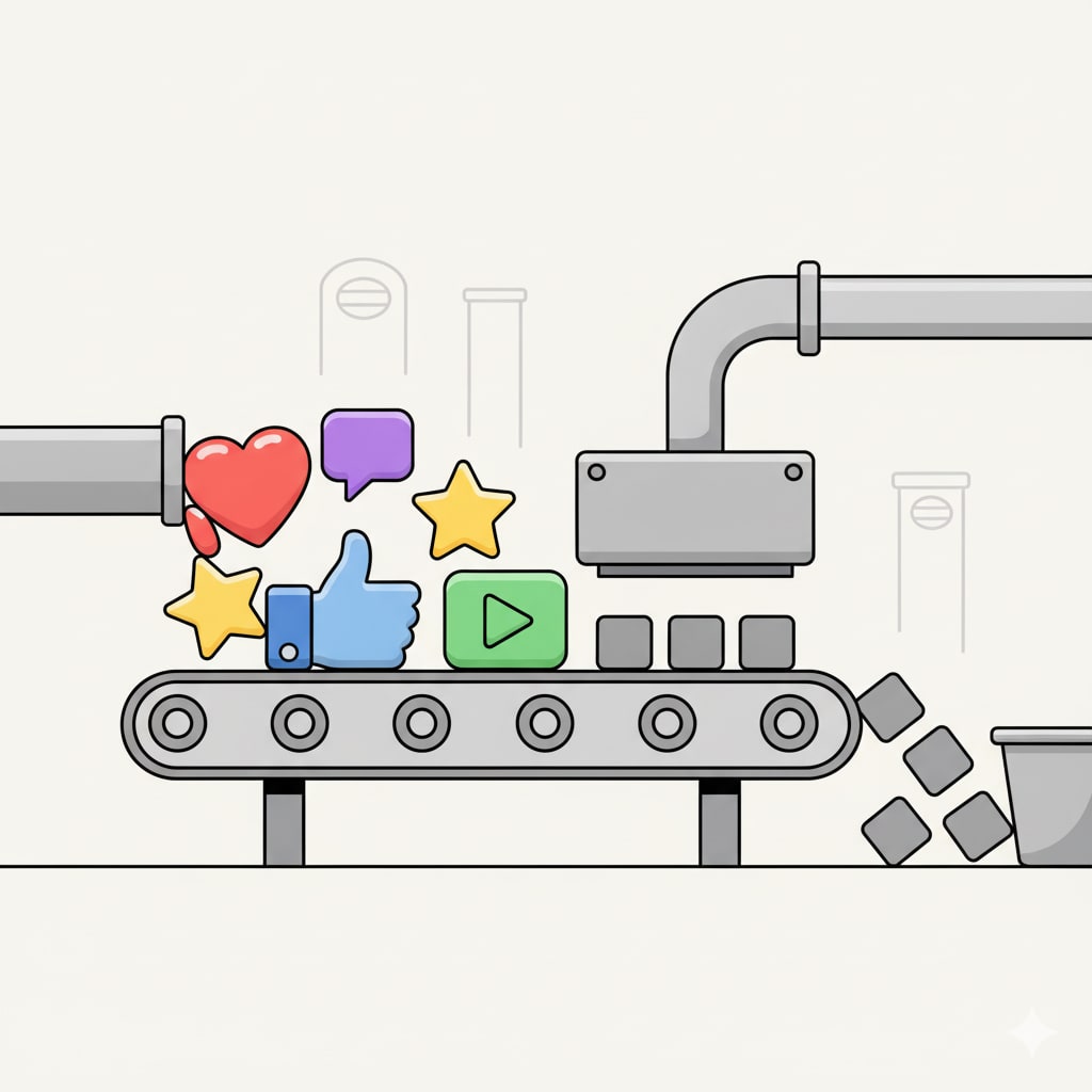 A cartoon conveyor belt flattens oversized social media icons—a heart, thumbs up, chat bubble, star, and play button—into identical gray squares. The scene illustrates filter fatigue, the optimization trap, and how social media feels fake, internet platforms feel the same, and modern life gets compressed into emptiness. A cartoon conveyor belt flattens oversized social media icons—a heart, thumbs up, chat bubble, star, and play button—into identical gray squares. The scene illustrates filter fatigue, the optimization trap, and how social media feels fake, internet platforms feel the same, and modern life gets compressed into emptiness.