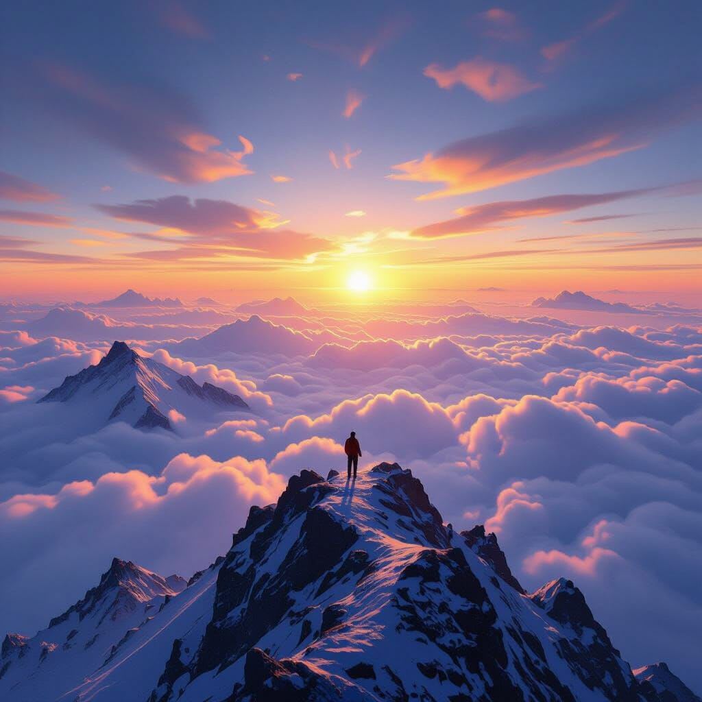 A breathtaking, world-encompassing view from the highest mountain summit on Earth, looking out over a sea of clouds as a… A breathtaking, world-encompassing view from the highest mountain summit on Earth, looking out over a sea of clouds as a…