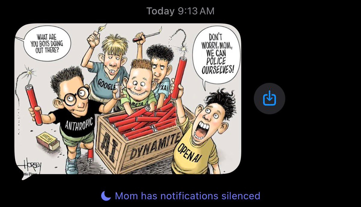 Cartoon of boys labeled AI companies holding dynamite, claiming to police themselves.