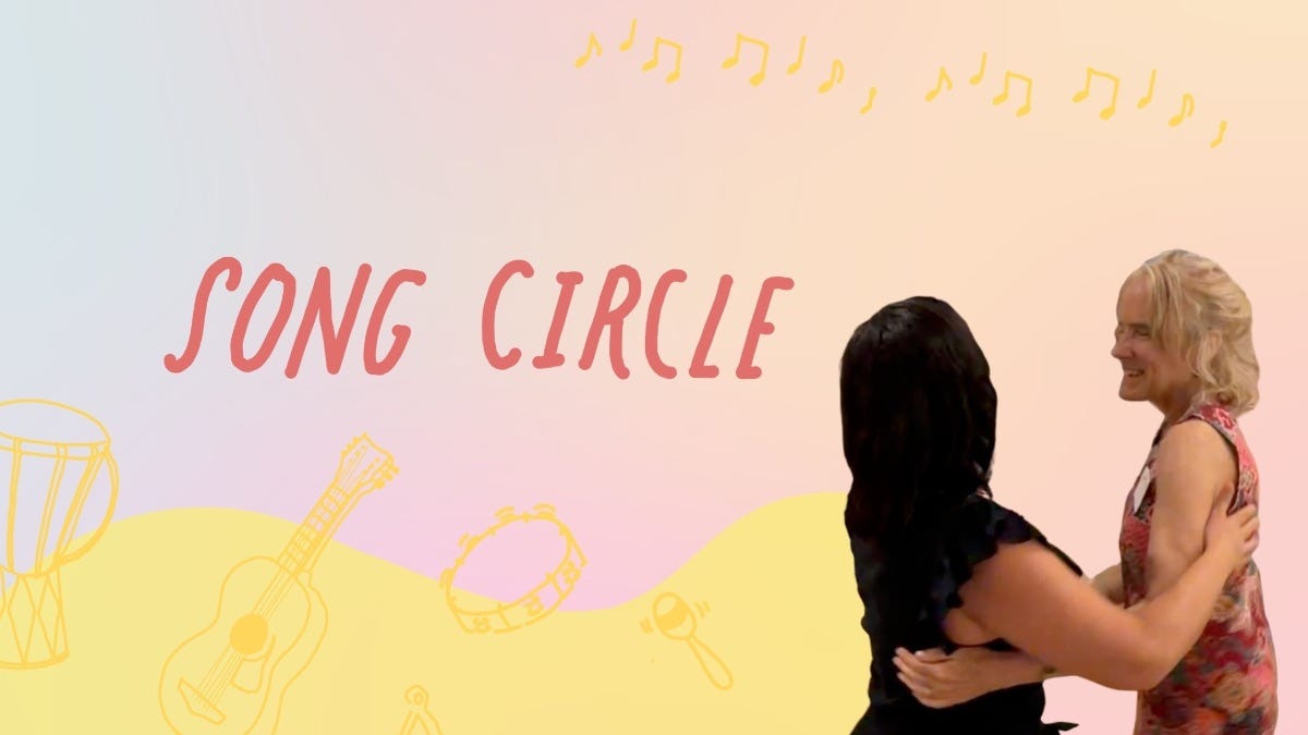 Banner that says song circle with illustrations of instruments and a photo of two song circle leaders dancing together