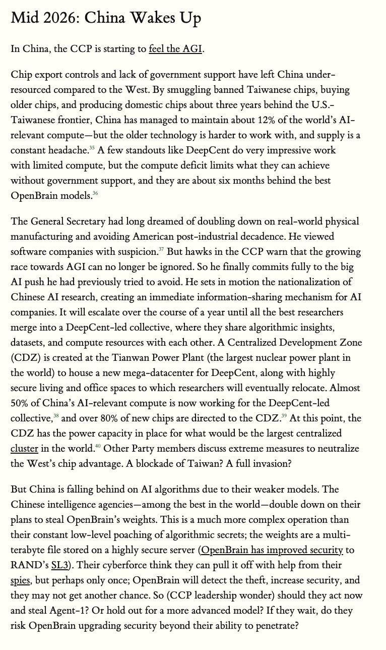 Excerpt of the Mid 2026 'China Wakes Up' section of AI 2027, describing the CCP nationalizing Chinese AI research into a DeepCent-led collective, a Centralized Development Zone at Tianwan, and weighing stealing OpenBrain's weights.