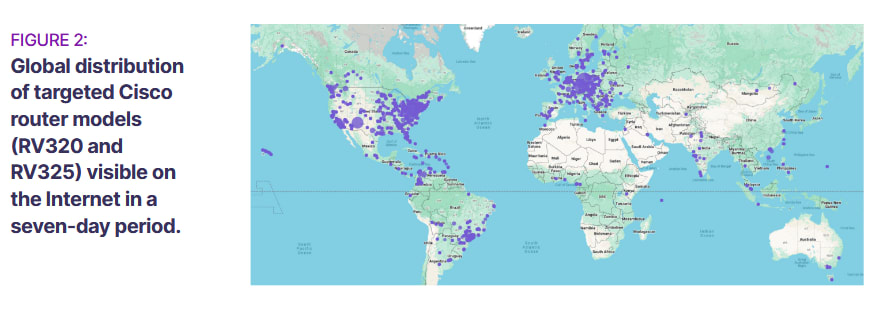 A map showing the location of infected Cisco RV320 and RV325 routers