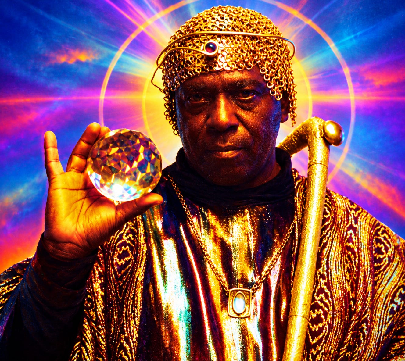 Sun Ra holing a crystal ball and holding a staff Sun Ra holing a crystal ball and holding a staff