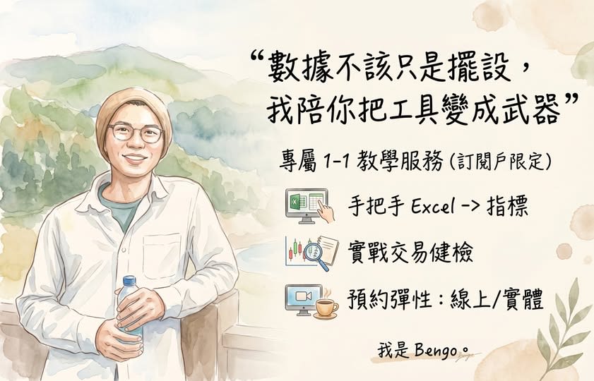 可能是顯示的文字是「 “數據不該只是擺設， 我陪你把工具變成武器” 專屬1-1教學服務（訂閱戶限定 蛋1-1教學服務 （訂閲戶限定） 興 手把手Excel->指標 手把手 Excel >指標 實戰交易健檢 預約彈性： 預約彈性：線上/實體 線上/實體 我是 Bengo 是Beng. aлHypa ga 」的插圖
