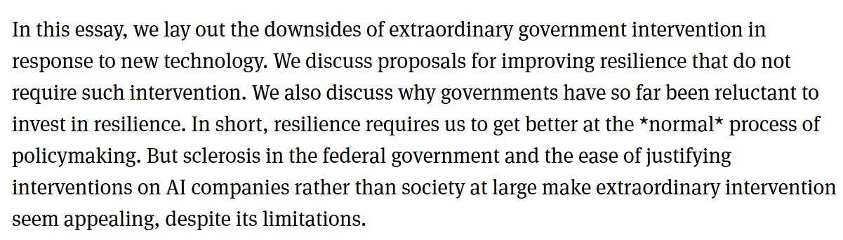 Kapoor & Narayanan, “Do AI Risks Require Extraordinary Government Intervention?”, May 21st, 2026