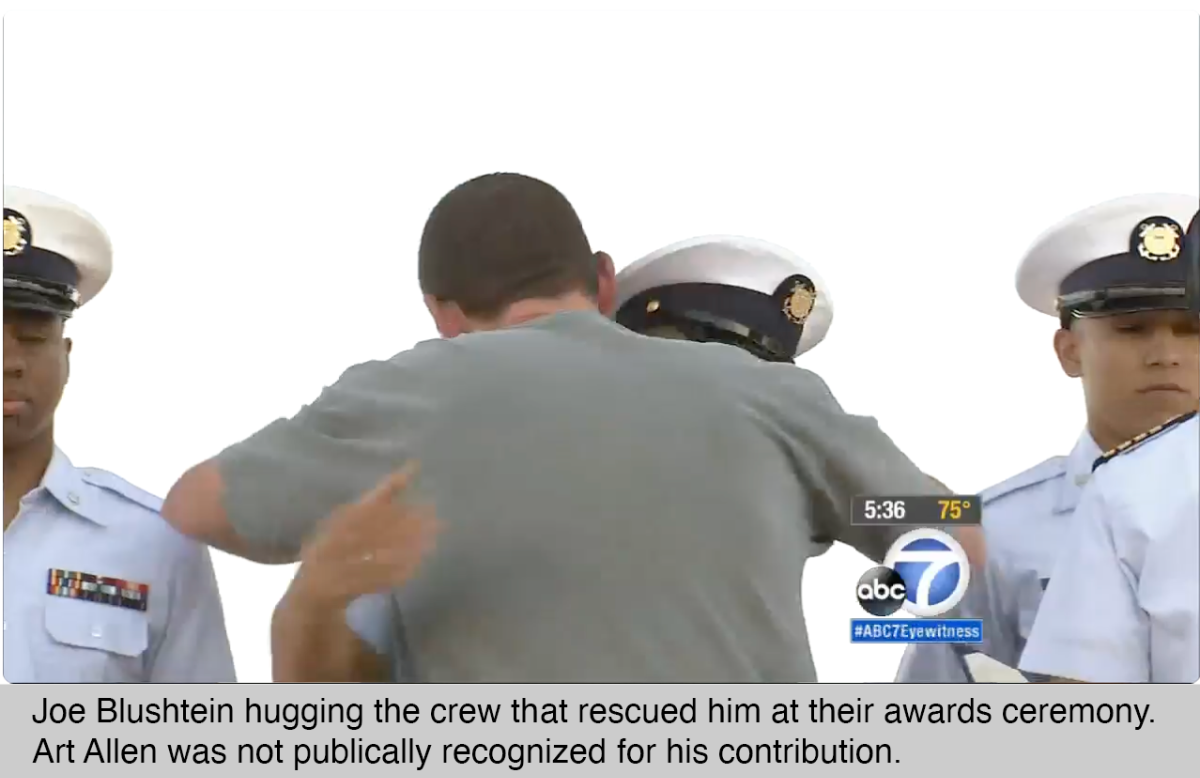 Photo of Joe Blushtein hugging the rescue crew.