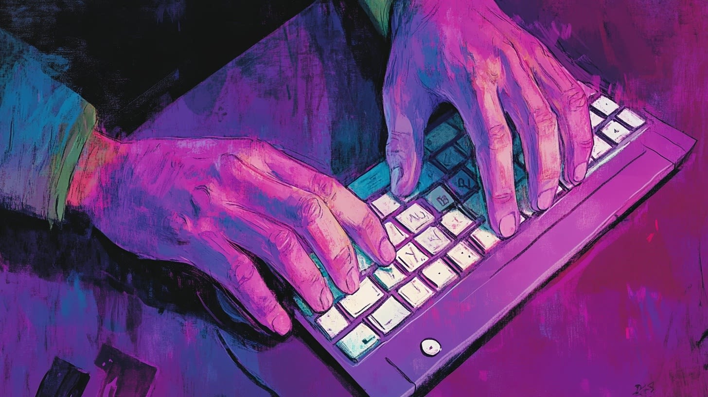 Close-up of hands typing on a keyboard in a vibrant, neon-colored style. Close-up of hands typing on a keyboard in a vibrant, neon-colored style.