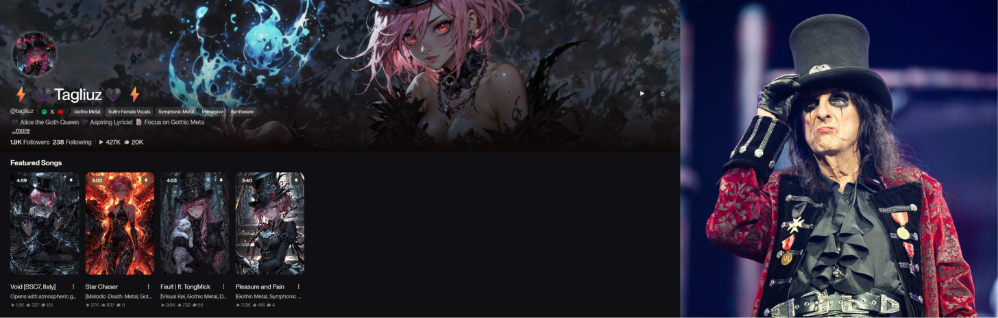 Left: Alice created by Tagliuz. Right: Alice Cooper. Left: Alice created by Tagliuz. Right: Alice Cooper. Since the 1970s, Alice Cooper has shocked the rock world with provocative stage performances. His heavy makeup, distinctive styling, and theatrical shows not only redefined rock aesthetics but became symbols of creative freedom and self-expression. For many fans, Alice Cooper represents the courage to challenge social norms and refuse to be bound by predetermined identities—which is why his music and image continue to inspire those seeking authentic self-expression.