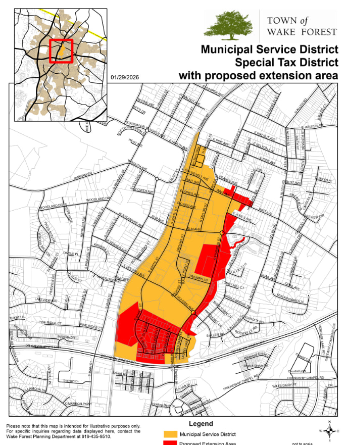 A map titled "Town of Wake Forest Municipal Service District Special Tax District with proposed extension area," dated January 29, 2026.  The map displays a street grid of downtown Wake Forest with two color-coded zones: Orange: Represents the existing "Municipal Service District." This area covers the central downtown corridor, primarily following South White Street, Brooks Street, and South Taylor Street. Red: Represents the "Proposed Extension Area." These extensions are adjacent to the existing district, largely expanding to the east and south. Significant red sections include areas along South Franklin Street, Wait Avenue, East Jones Avenue, and a residential block at the southern tip near the intersection of South White Street and Dr. Calvin Jones Highway. An inset map in the top left corner shows the detailed area's location relative to the wider Town of Wake Forest.