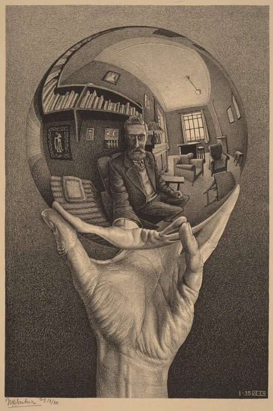 This artwork shows a reflective sphere held by a hand, containing a room's interior scene. The drawing appears to be a lithograph or similar print medium, featuring spherical distortion that creates an interesting perspective effect. The highly detailed rendering shows both the carefully drawn hand and the complex reflective scene within the sphere. This type of image is reminiscent of M.C. Escher's style of mathematical and perspective-based art.

The interior scene reflected in the sphere includes furniture, a window, and bookshelves, all warped by the spherical surface. The contrast between the realistically rendered hand and the distorted interior creates a compelling visual paradox that challenges the viewer's perception of space and reality.

The piece appears to be numbered (1-35) and signed, suggesting it's part of a limited edition print series.