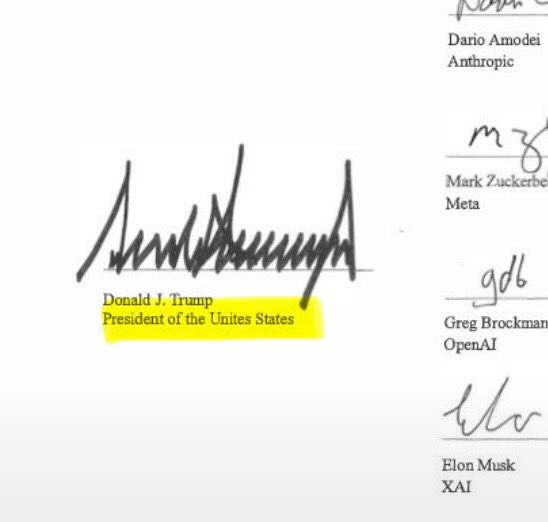 Signature document with Trump, Amodei, Zuckerberg, Brockman, Musk signatures.