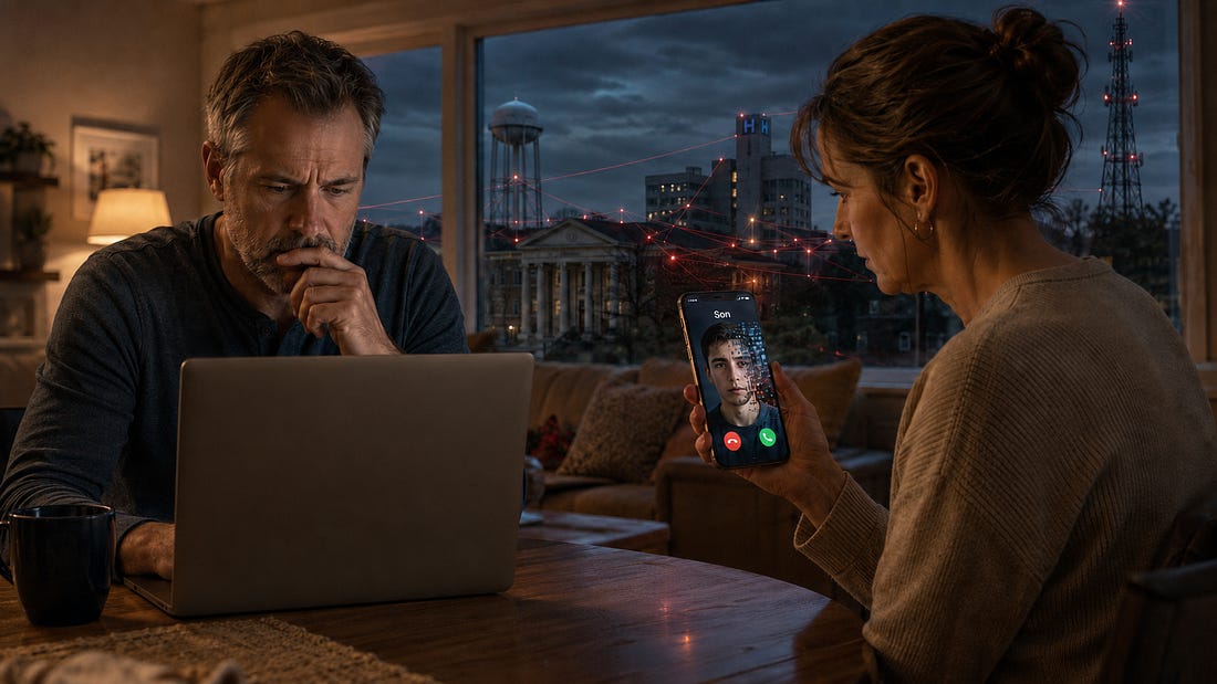 A concerned couple sits at home with a laptop and smartphone as red digital pathways connect their devices to a bank, hospital, water tower and communications tower. The phone displays a call from “Son,” whose face dissolves into pixels, symbolizing an AI-driven cyberattack.