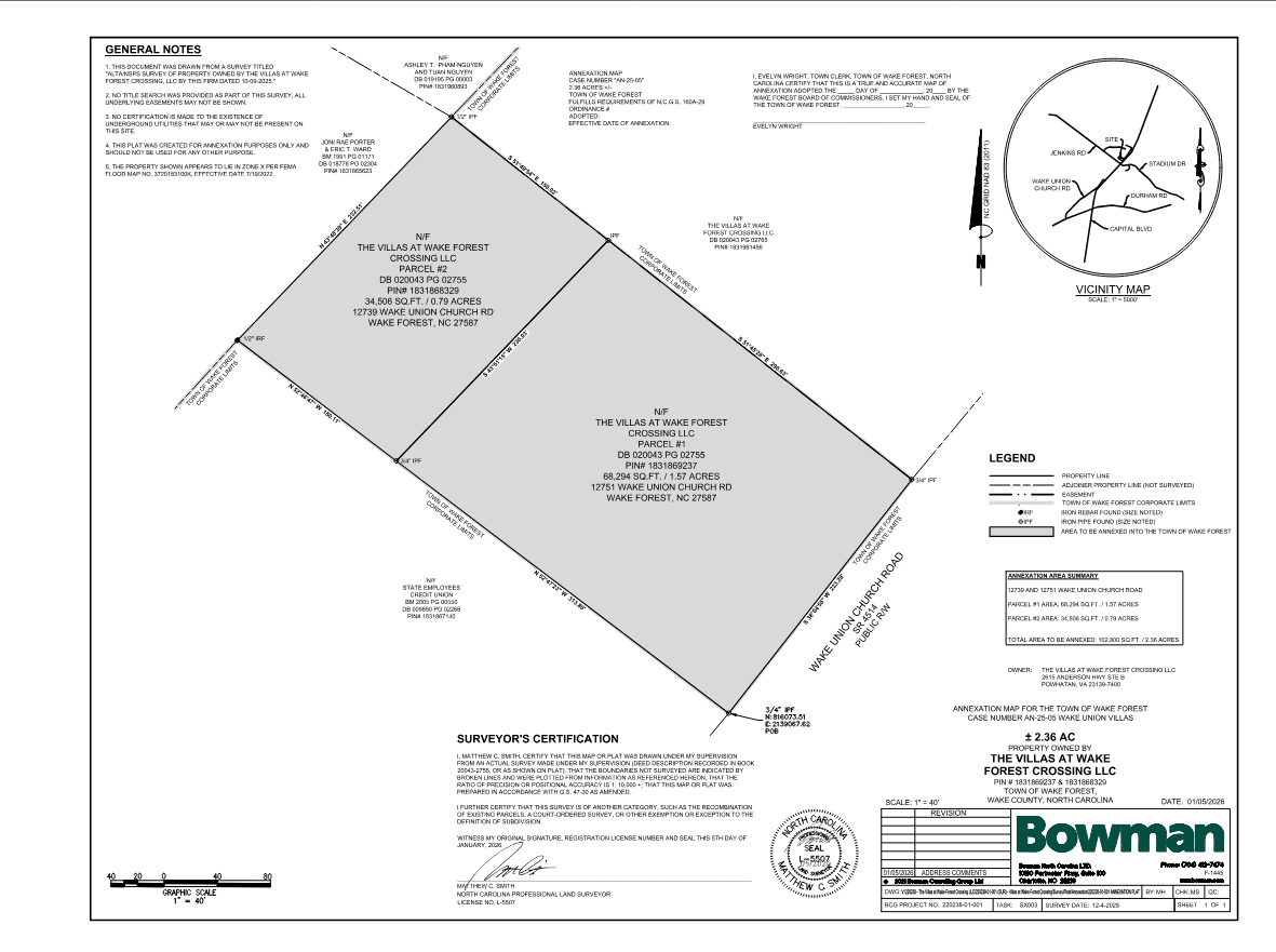A survey map titled "Annexation Map for the Town of Wake Forest, Case Number AN-25-05 Wake Union Villas."  The document displays a shaded geometric survey of a 2.36-acre property (Total Area: 102,800 Sq. Ft.) owned by "The Villas at Wake Forest Crossing LLC." The map details two parcels located at 12739 and 12751 Wake Union Church Rd, showing boundary lines, dimensions, and adjacent property owners.  Additional features include: Vicinity Map: A circular inset in the top right showing the site's location near Capital Blvd and Stadium Dr. Annexation Area Summary: A table breaking down the square footage of Parcel #1 and Parcel #2. Certification: Signed and sealed by Professional Land Surveyor Matthew C. Smith of the firm Bowman, dated January 05, 2026.