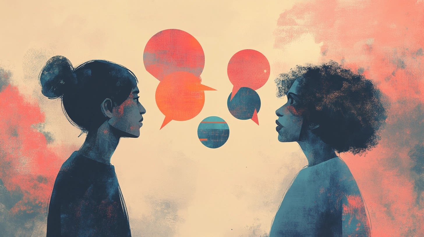 Two women face each other with colorful speech bubbles between them, symbolizing communication. Two women face each other with colorful speech bubbles between them, symbolizing communication.
