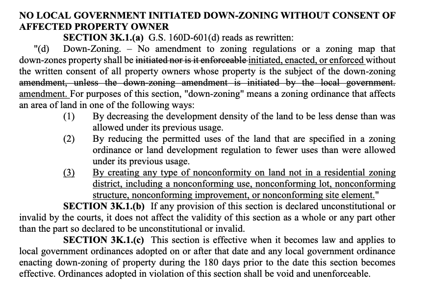 Screenshot of Section 3K.1 of the 2024 North Carolina law amending G.S. 160D-601(d), stating that no local government can initiate or enforce a down-zoning without the written consent of all affected property owners. The section defines down-zoning as decreasing density, reducing permitted uses, or creating nonconformities in nonresidential zoning districts. Screenshot of Section 3K.1 of the 2024 North Carolina law amending G.S. 160D-601(d), stating that no local government can initiate or enforce a down-zoning without the written consent of all affected property owners. The section defines down-zoning as decreasing density, reducing permitted uses, or creating nonconformities in nonresidential zoning districts.
