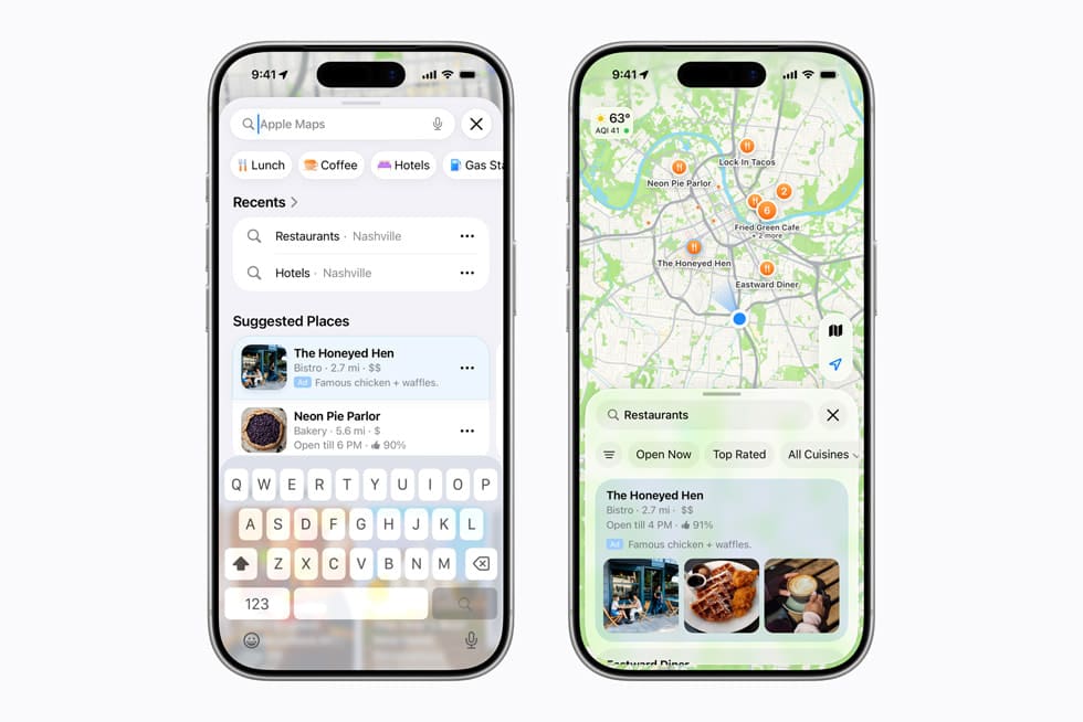 Two iPhone 17 Pro devices show the Apple Maps app, including an ad for a restaurant called The Honeyed Hen.