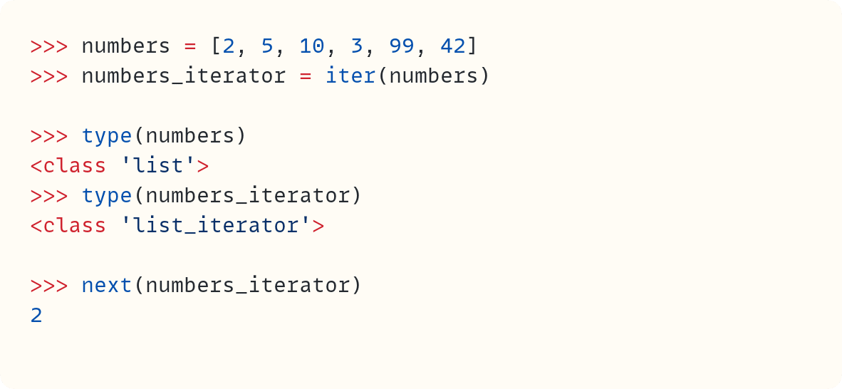 >>> numbers = [2, 5, 10, 3, 99, 42] >>> numbers_iterator = iter(numbers)  >>> type(numbers) <class 'list'> >>> type(numbers_iterator) <class 'list_iterator'>  >>> next(numbers_iterator) 2