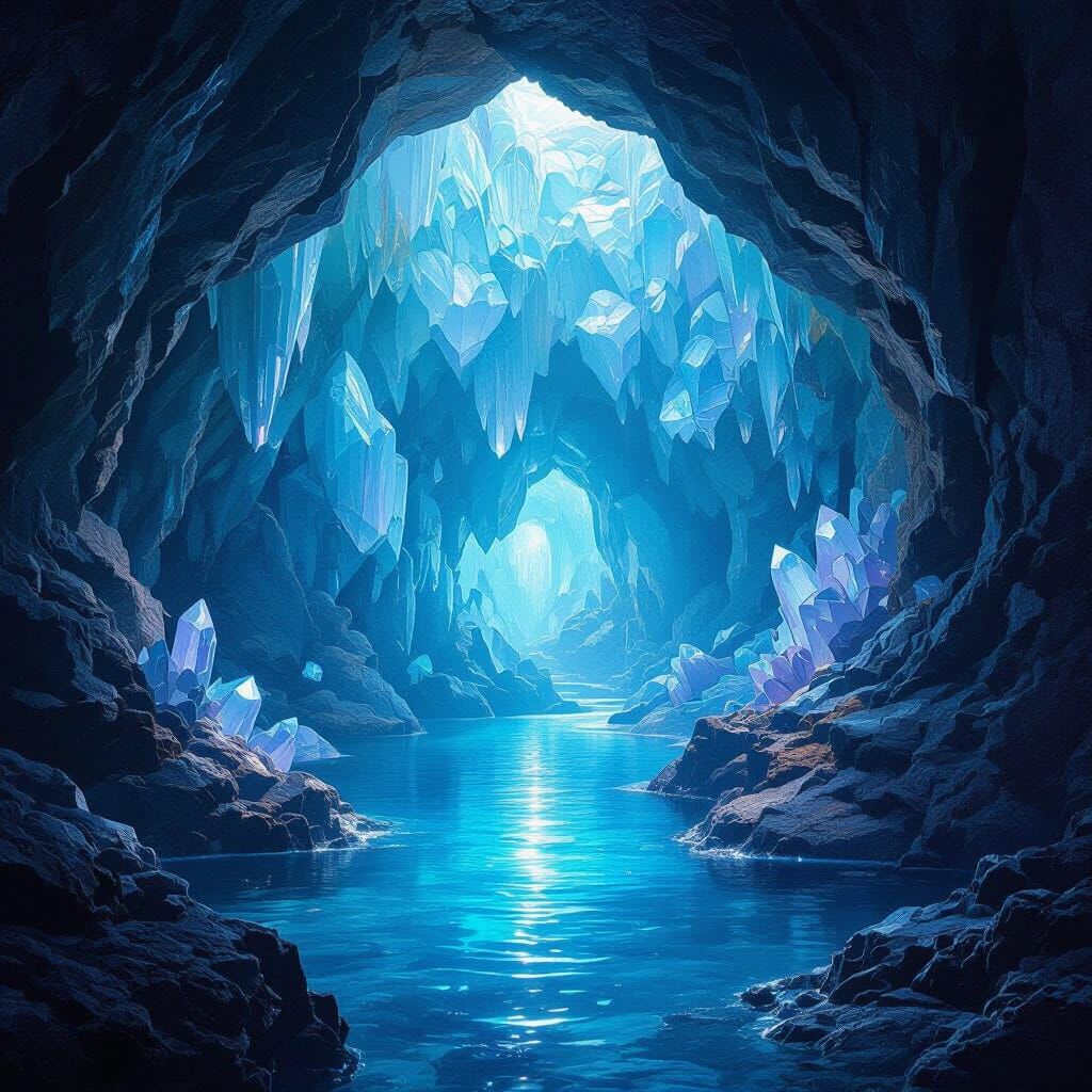 A deep, serene underwater cave filled with massive, perfectly formed crystalline structures. The crystals are locked tog… A deep, serene underwater cave filled with massive, perfectly formed crystalline structures. The crystals are locked tog…