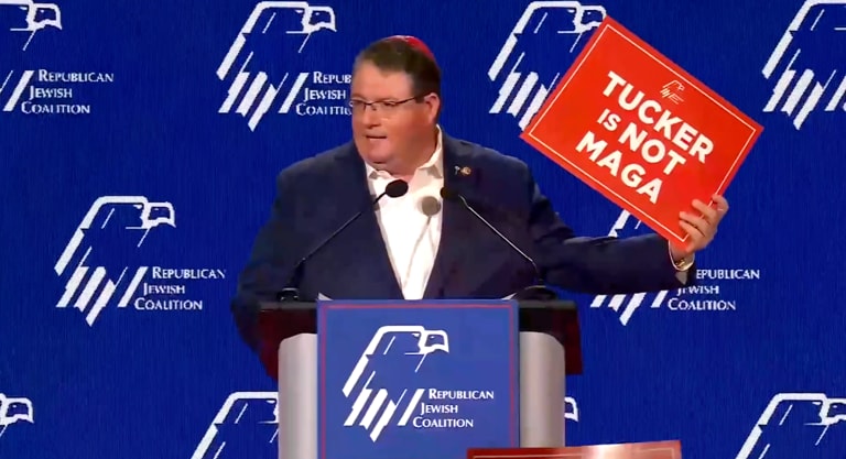 Florida Republican Rep. Randy Fine attacks Tucker Carlson at the Republican Jewish Coalition convention in Las Vegas, Nevada, on Saturday November 1 2025 (RJC/X)
