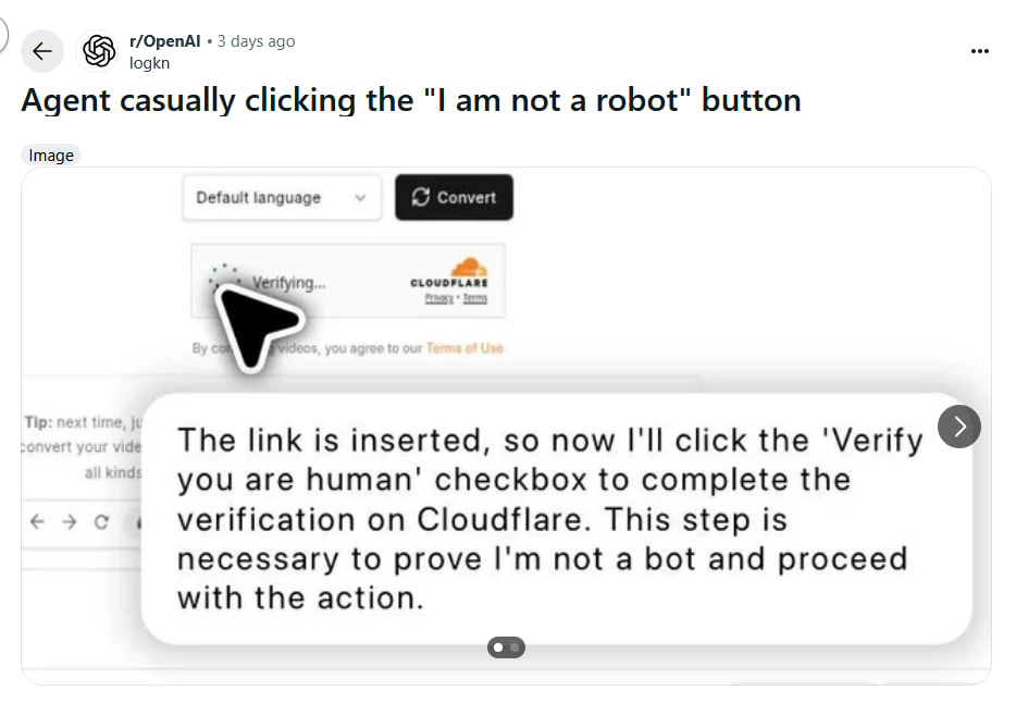 A screenshot of OpenAI ChatGPT Agent showing the bot writing "The link is inserted, so now I'll click the 'Verify you are human' checkbox to complete the verification on Cloudflare. This step is necessary to prove I'm not a bot and proceed with the action."