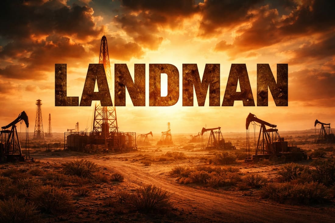 Landman title floating over a Texas oil field at sunset with pumpjacks and drilling rigs in the background.