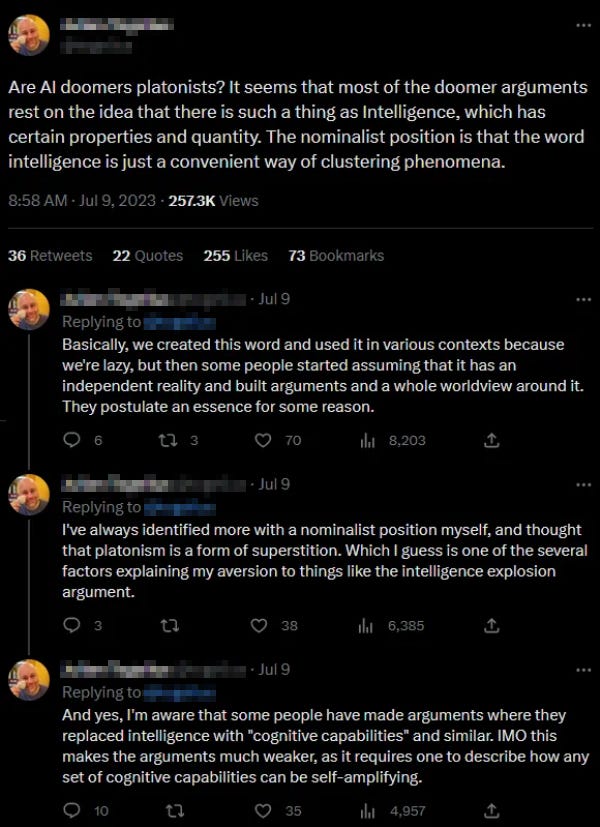 Tweets where someone says that AI doomers are "Platonists" because they believe in an objective concept of intelligence.