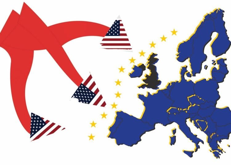 three red arrows with US flag tips head towards the EU and UK