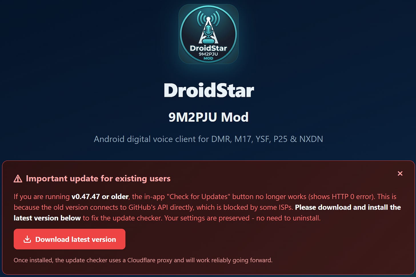 Go to https://droidstar.hamradio.my/ to find updates