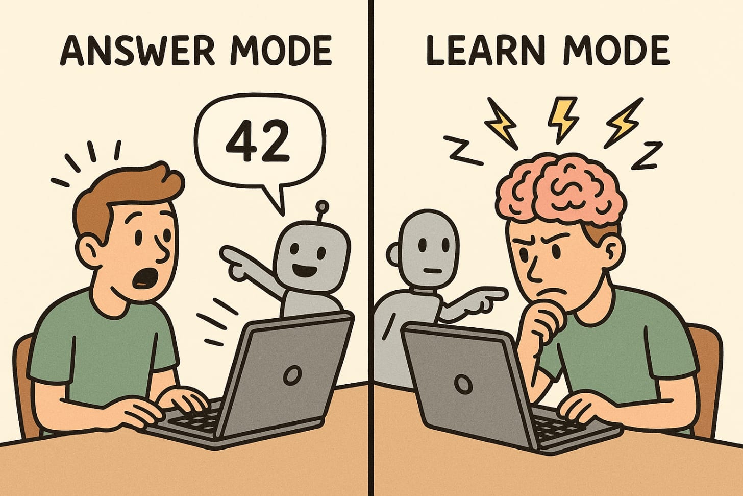Two-panel cartoon contrasting AI “Answer Mode” and “Learn Mode.” In the left panel, labeled “Answer Mode,” a robot cheerfully points at a laptop and delivers the answer “42” in a speech bubble, while a surprised man stares passively at the screen. In the right panel, labeled “Learn Mode,” the same robot gestures encouragingly as the man leans forward in concentration, his brain visibly glowing and sparking to show he is actively thinking and learning. Two-panel cartoon contrasting AI “Answer Mode” and “Learn Mode.” In the left panel, labeled “Answer Mode,” a robot cheerfully points at a laptop and delivers the answer “42” in a speech bubble, while a surprised man stares passively at the screen. In the right panel, labeled “Learn Mode,” the same robot gestures encouragingly as the man leans forward in concentration, his brain visibly glowing and sparking to show he is actively thinking and learning.