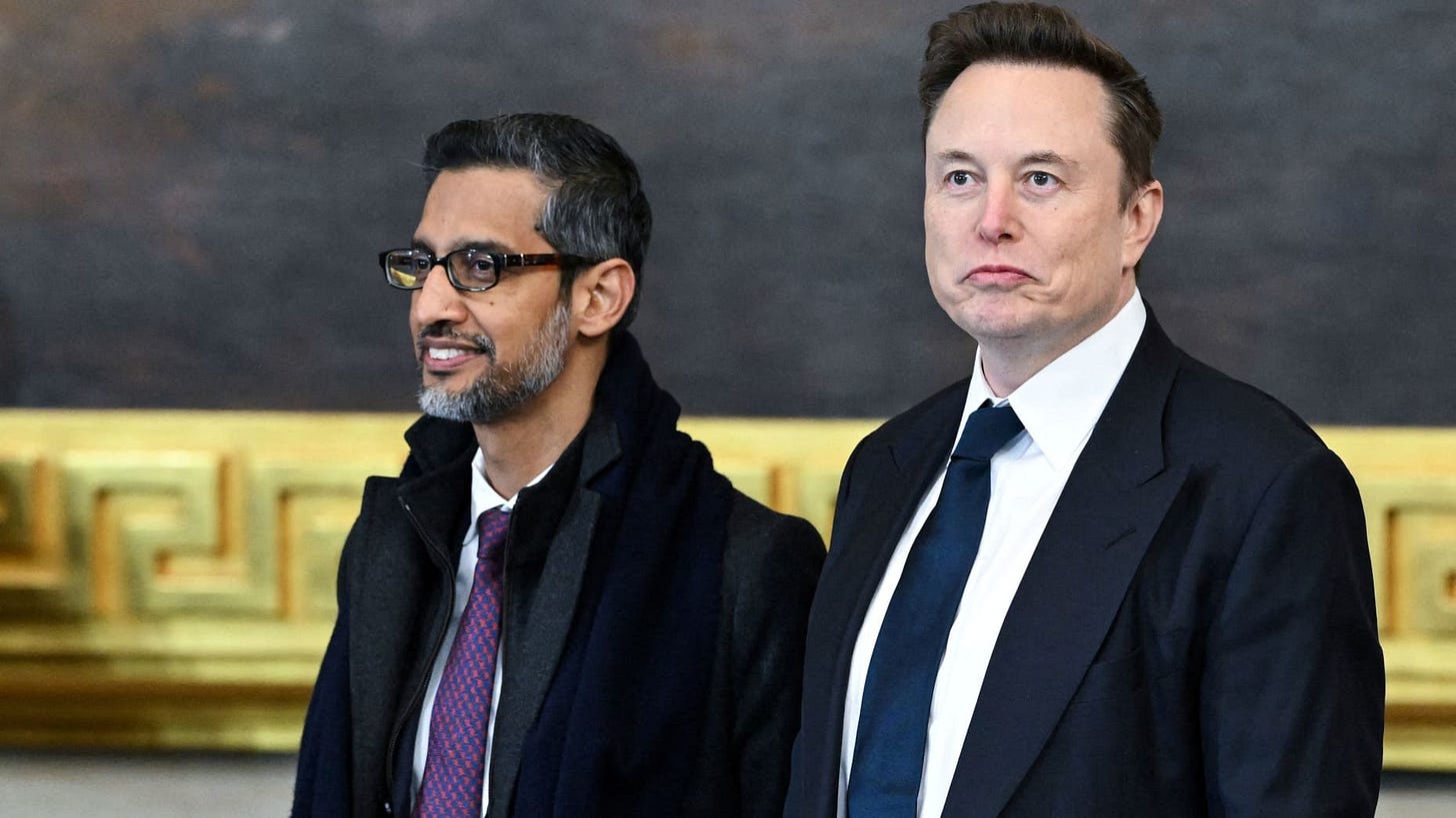 (L-R) Google CEO Sundar Pichai speaks and Tesla and SpaceX CEO Elon Musk arrive for the inauguration ceremony before Donald Trump is sworn in as the 47th US President in the US Capitol Rotunda in Washington, DC, on January 20, 2025.     Saul Loeb/Pool via REUTERS
