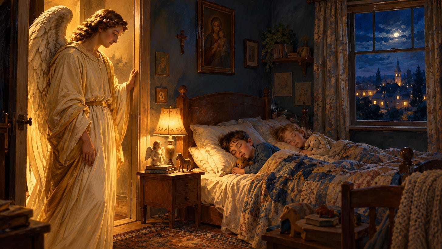 A guardian angel stands in a warmly lit doorway beside two sleeping children.