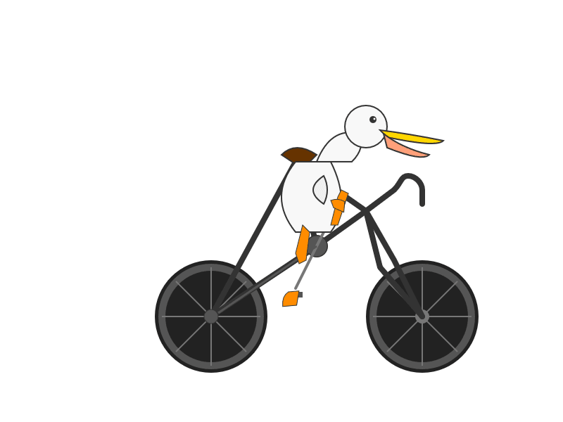  A cartoon white duck with a yellow and pink beak and orange webbed feet is riding a black bicycle on a white background. The duck has a small brown saddle on its back, and its orange feet are positioned on the bicycle pedals.