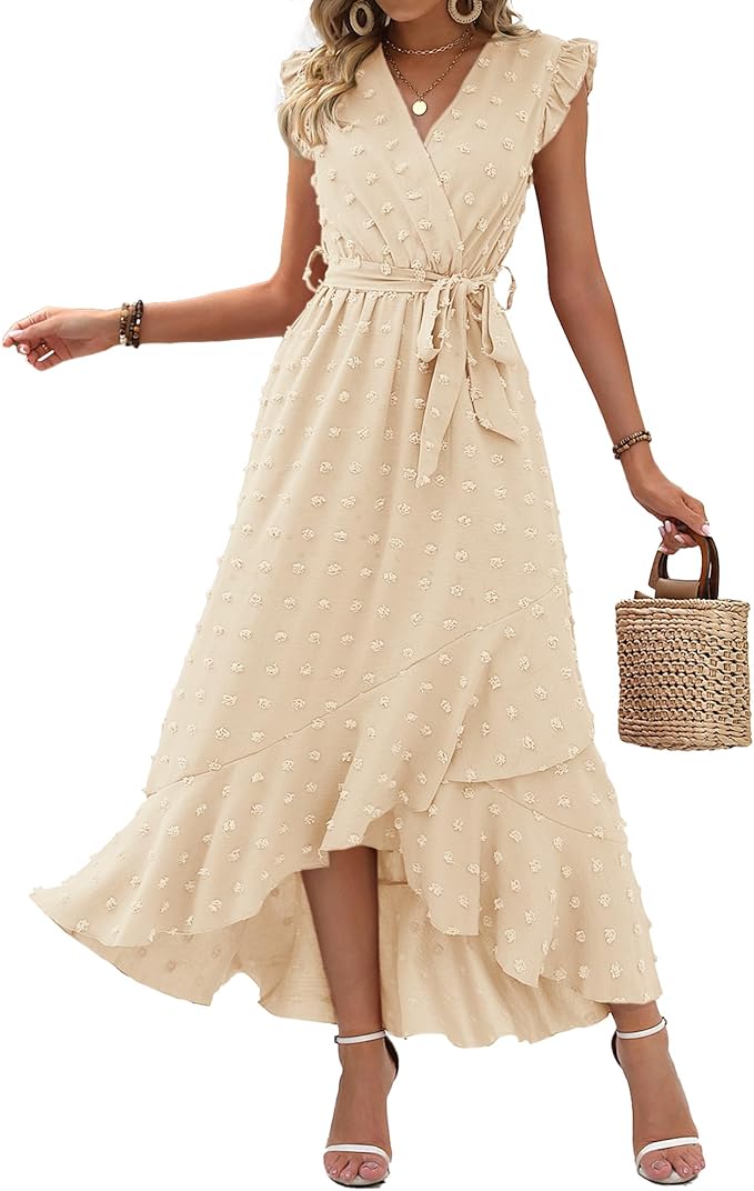 BTFBM Women V Neck Summer Dress 2025 Cap Sleeve Swiss Dot Boho Flowy Ruffle Slit Beach Party Long Maxi Cocktail Dresses