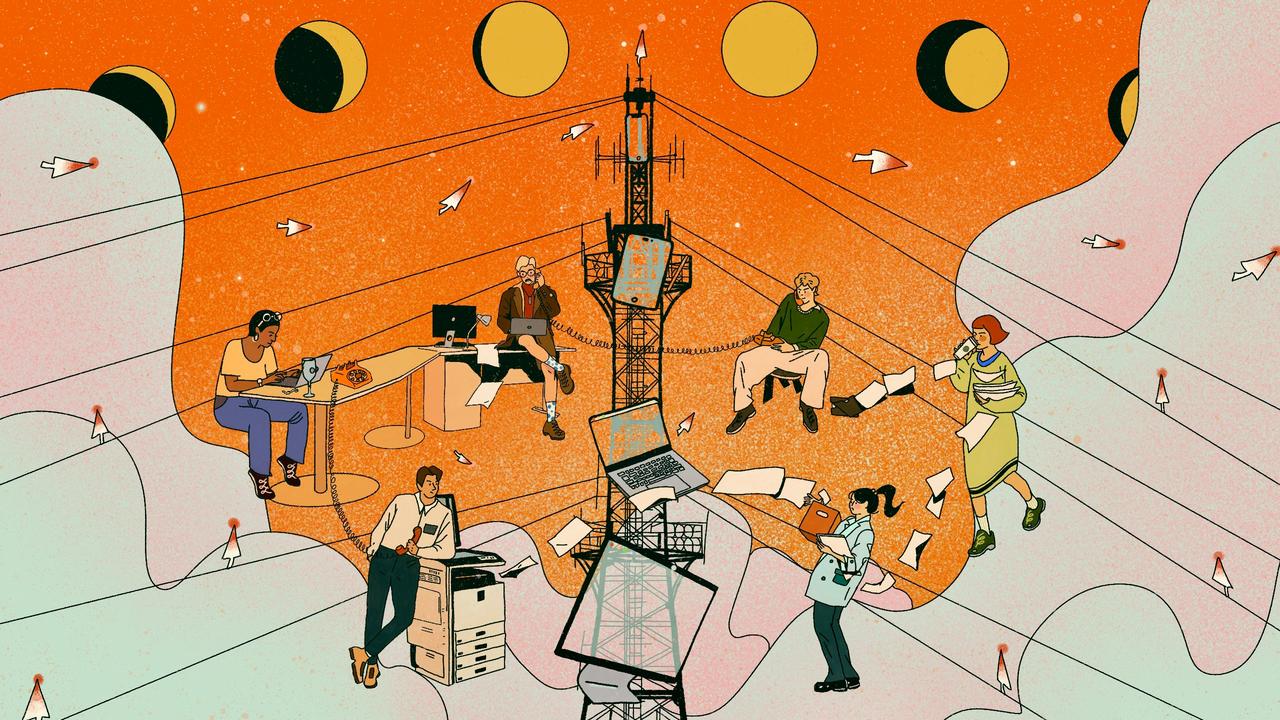 The undying sun hangs in the sky, as people gather around signal towers, working through their digital devices.