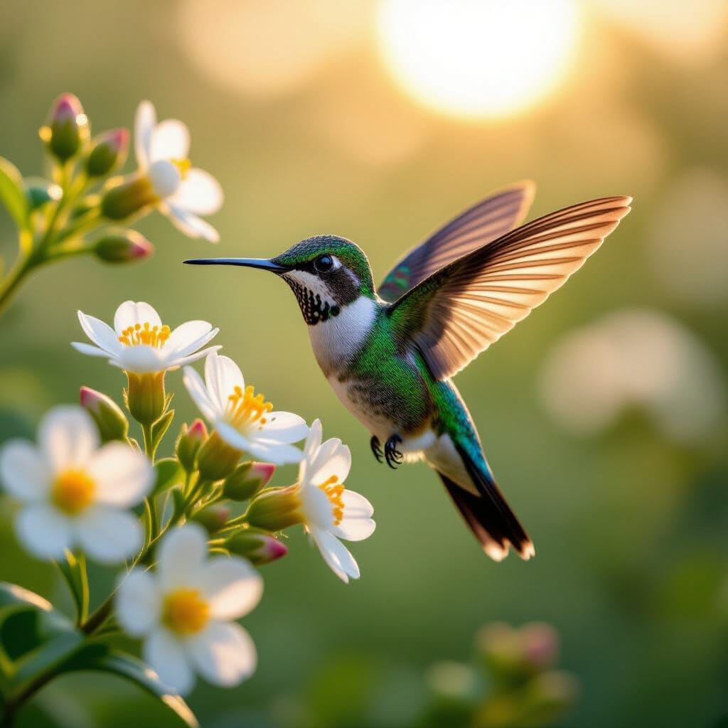 A stunning slow-motion capture of a hummingbird in mid-flight, its wings a perfect, frozen blur as it precisely navigate… A stunning slow-motion capture of a hummingbird in mid-flight, its wings a perfect, frozen blur as it precisely navigate…