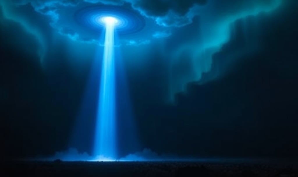 A dramatic blue beam of light shines down from a circular formation in storm clouds, creating the appearance of a supernatural or engineered sky phenomenon.