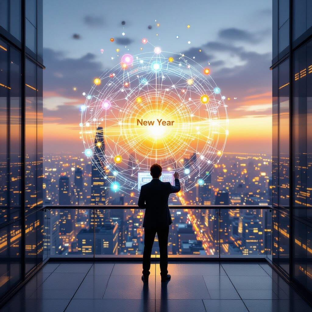 Futuristic concept art, wide angle. A tech visionary stands on the balcony of a high-rise glass office at dawn, overlook…