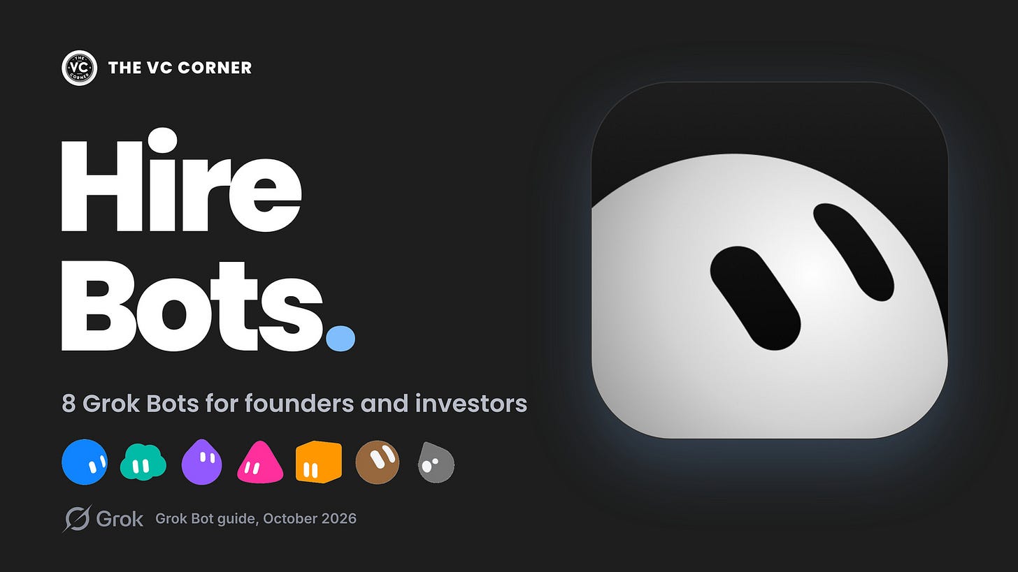 Cover of The VC Corner's Grok Bot guide: "Hire Bots." in white on a dark background, with the Grok Bot app icon and eight Grok Bot characters.