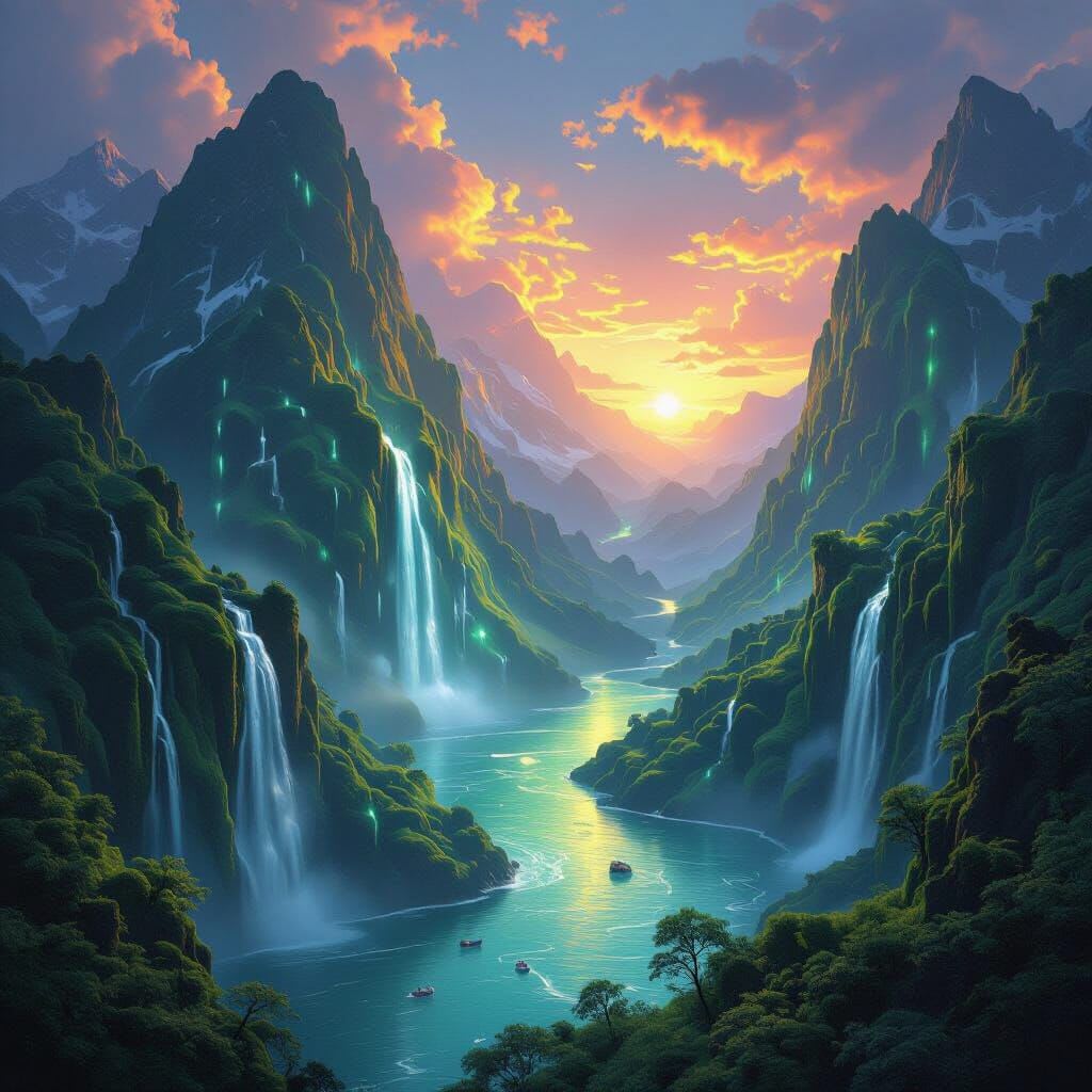 An epic, fantastical landscape where bioluminescent flora cast a soft glow on towering, moss-covered mountains and water… An epic, fantastical landscape where bioluminescent flora cast a soft glow on towering, moss-covered mountains and water…