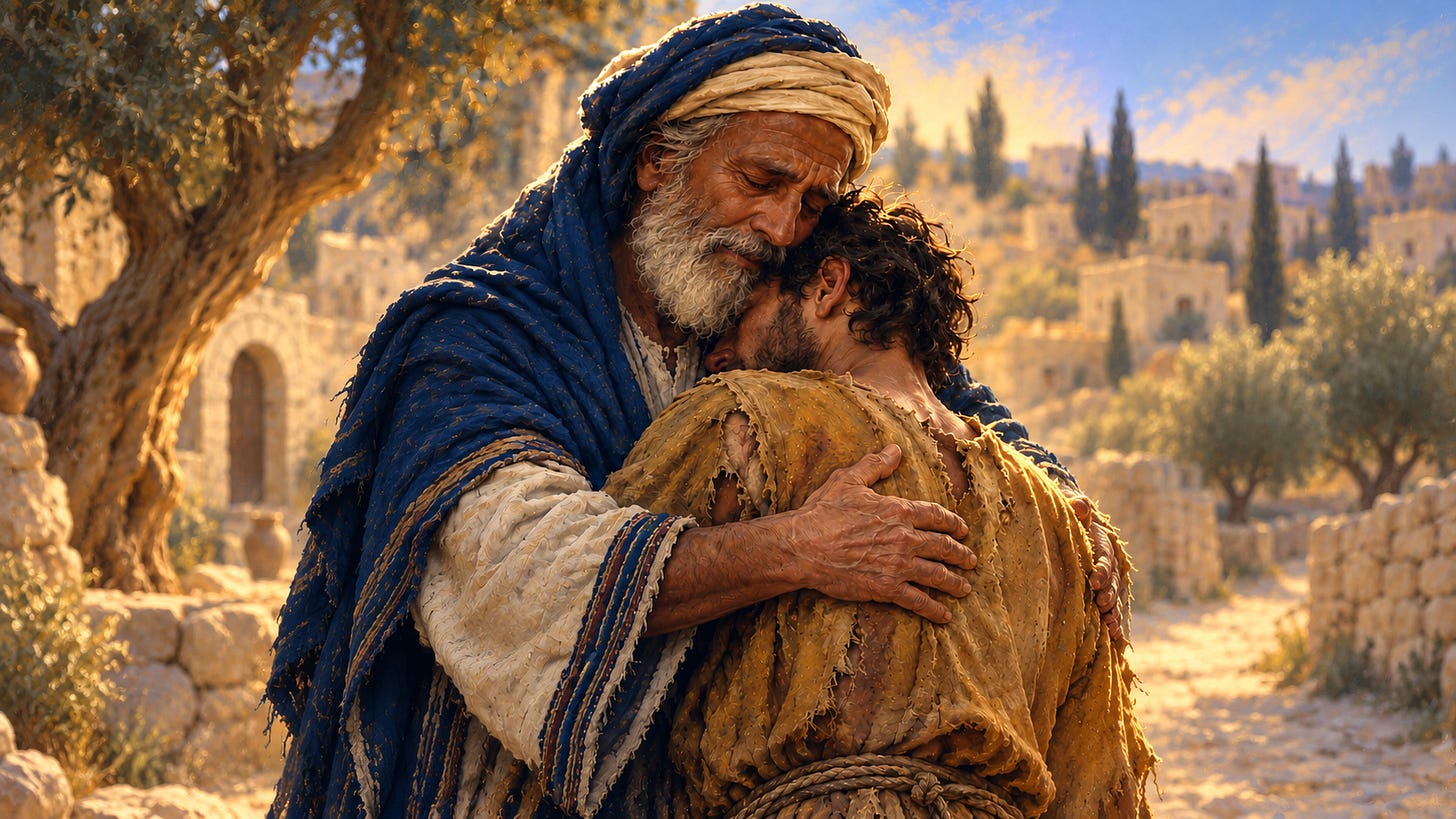 An elderly father embraces his returning son beneath an olive tree.