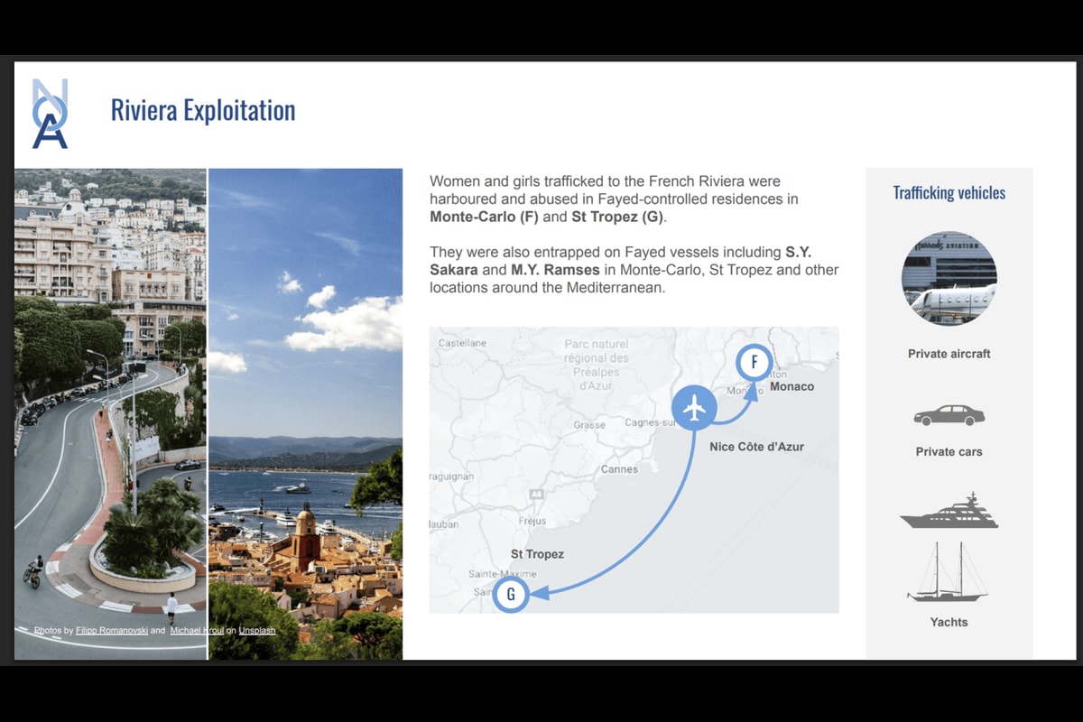 Map showing how women and girls were trafficked to the French Riviera to two Fayed-controlled residences, one in Monte-Carlo, the other in St Tropez