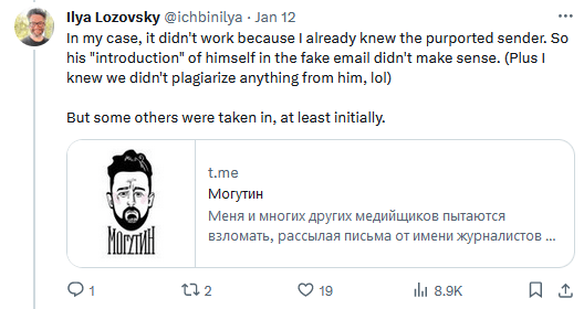 Screenshot of a tweet from an OCCRP reporter about the phishing attacks