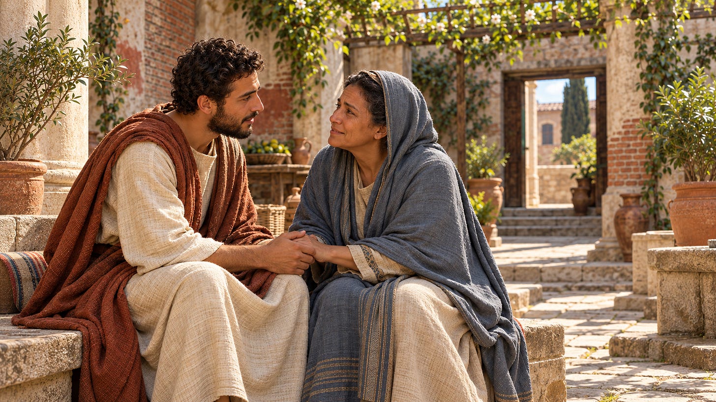 An imagined scene of Augustine holding Monica’s hands as they speak in a sunlit courtyard.