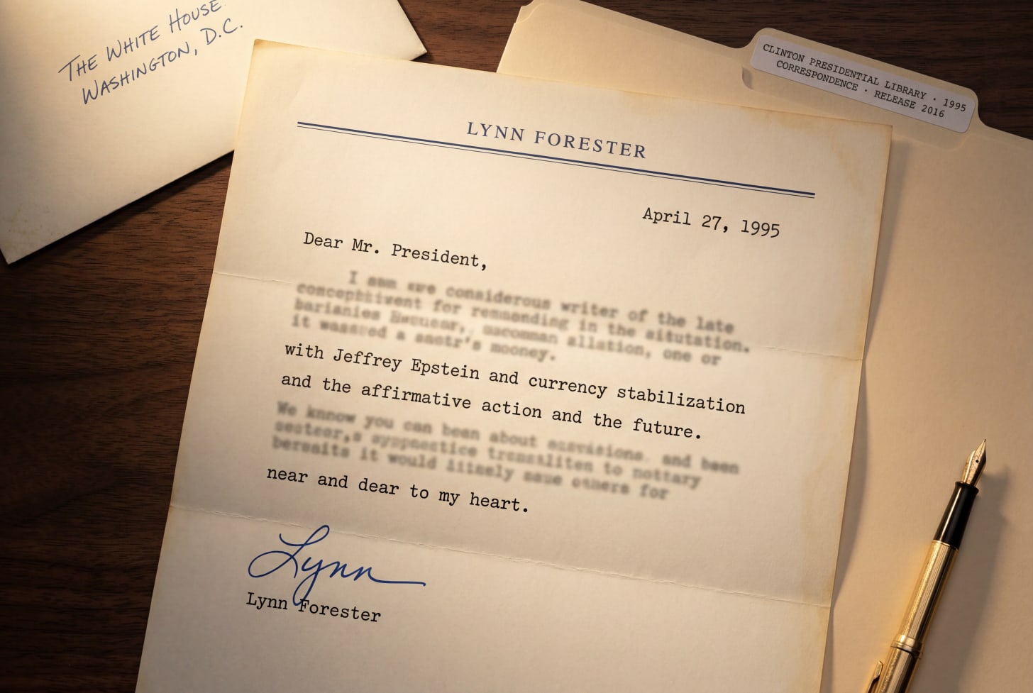 An overhead photograph of a personal letter dated April 27, 1995, from Lynn Forester to President Bill Clinton, lying on a dark walnut desk under warm directional lighting. The letter is on aged ivory stationery with a small navy-blue 