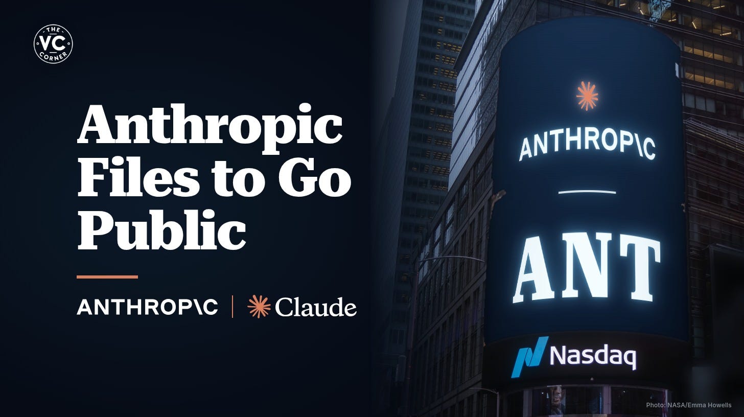 Anthropic Files to Go Public cover: the Nasdaq MarketSite tower in Times Square showing the Anthropic wordmark and ANT ticker.